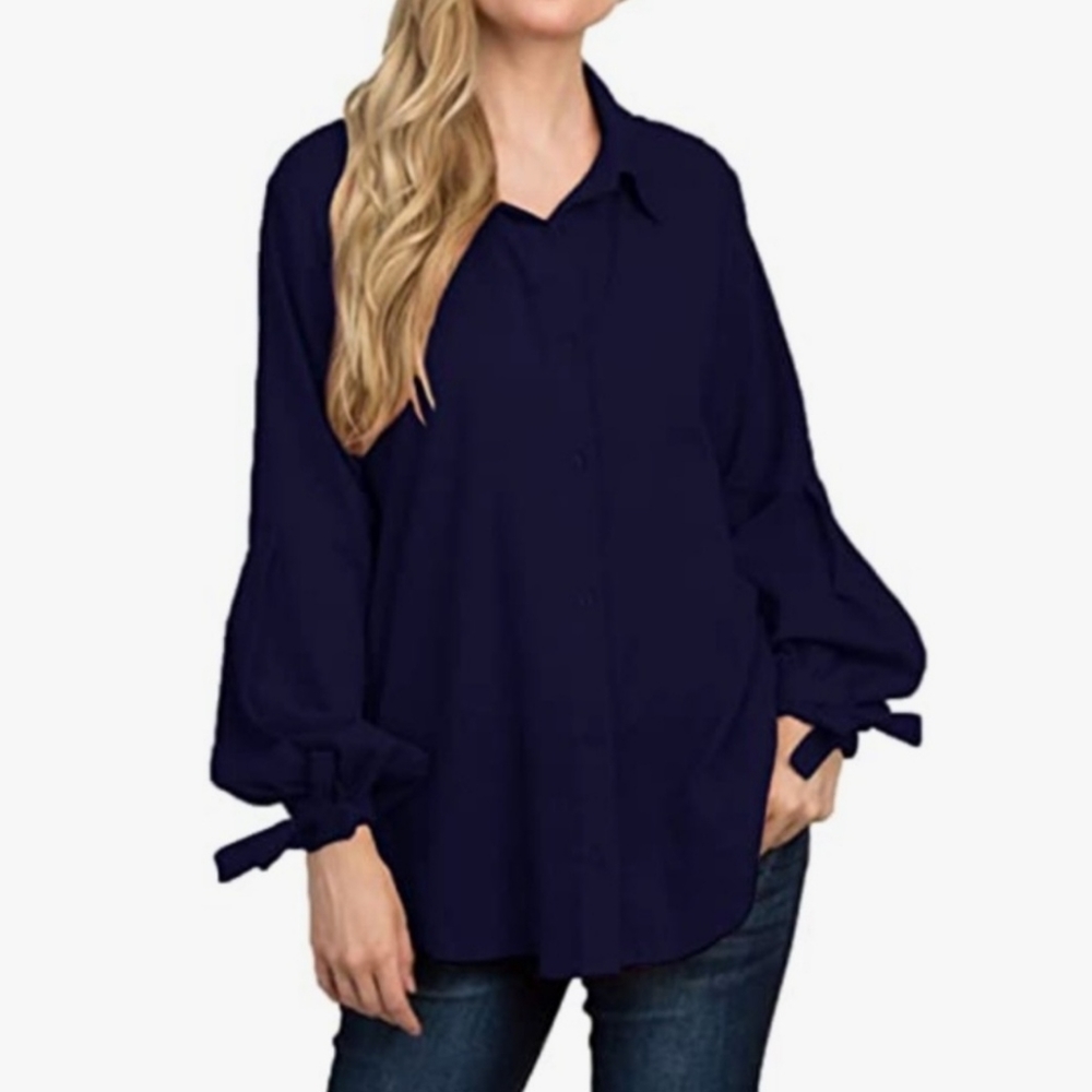 NWT ACHIOOWA Size 2X Blue Collared Button-Down Blouse Balloon Bow Tie Sleeves